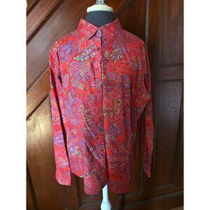 Lands End Womens No Iron Supima Cotton Shirt Size 18 Red Paisley Long Sleeve